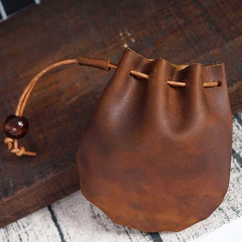 Mini Leather Drawstring Coin Purse Vintage Leather Coin Bag - Color: Different Available