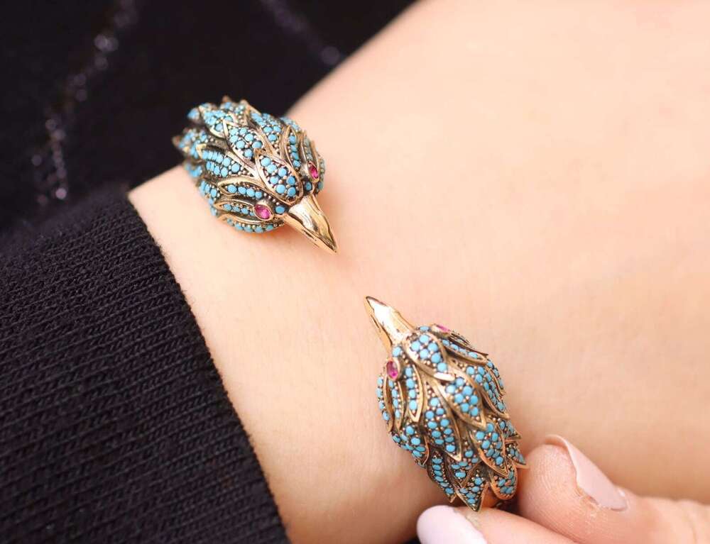 925 Silver Animal Birth Cuff Bracelet with Turquoise Gemstones & Ruby EyesA AcA A A A Adjustable 18cm Handmade Bangle