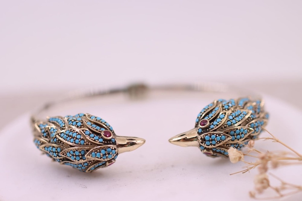 925 Silver Animal Birth Cuff Bracelet with Turquoise Gemstones & Ruby Eyes Adjustable 18cm Handmade Bangle