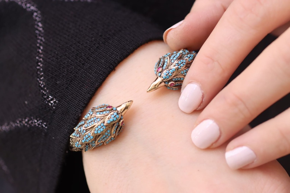 925 Silver Animal Birth Cuff Bracelet with Turquoise Gemstones & Ruby Eyes Adjustable 18cm Handmade Bangle