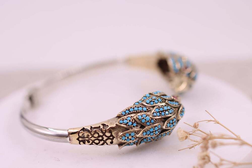 925 Silver Animal Birth Cuff Bracelet with Turquoise Gemstones & Ruby Eyes Adjustable 18cm Handmade Bangle