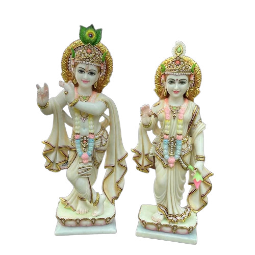 Polished Marble Radha Krishna Statue - Color: White