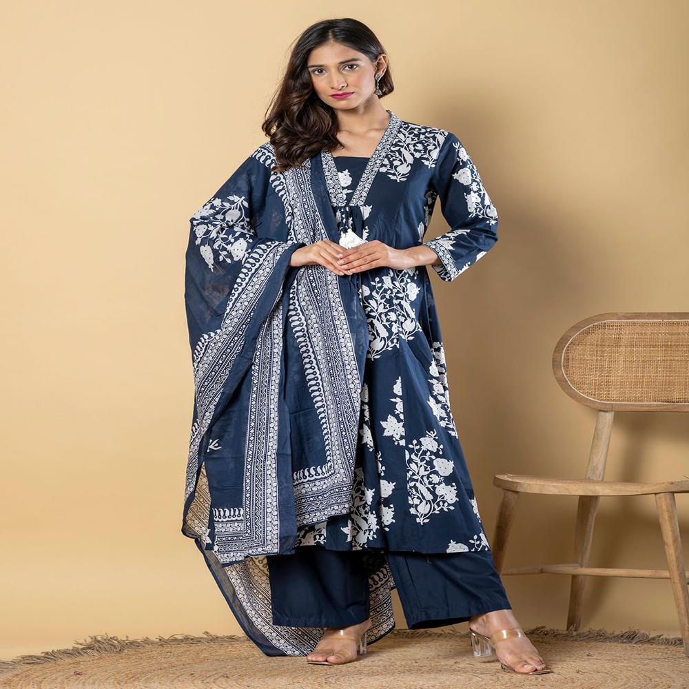 Anarkali Style Cotton Fabric Blue Color Kurta And Bottom With Dupatta