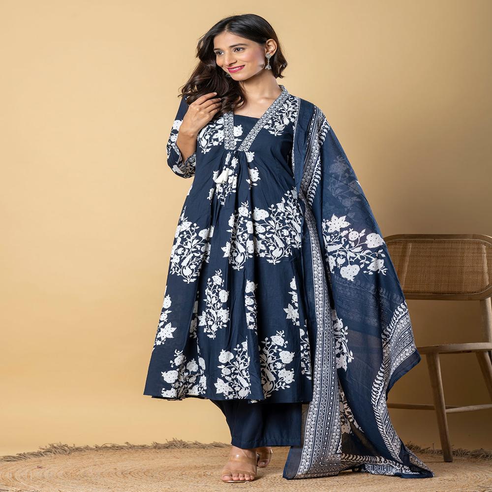 Anarkali Style Cotton Fabric Blue Color Kurta And Bottom With Dupatta
