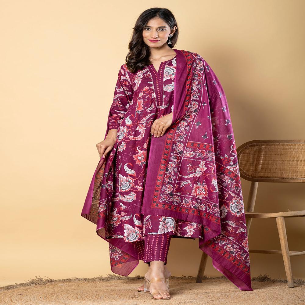 Straight Style Cotton Fabric Magenta Color Kurta And Bottom With Dupatta