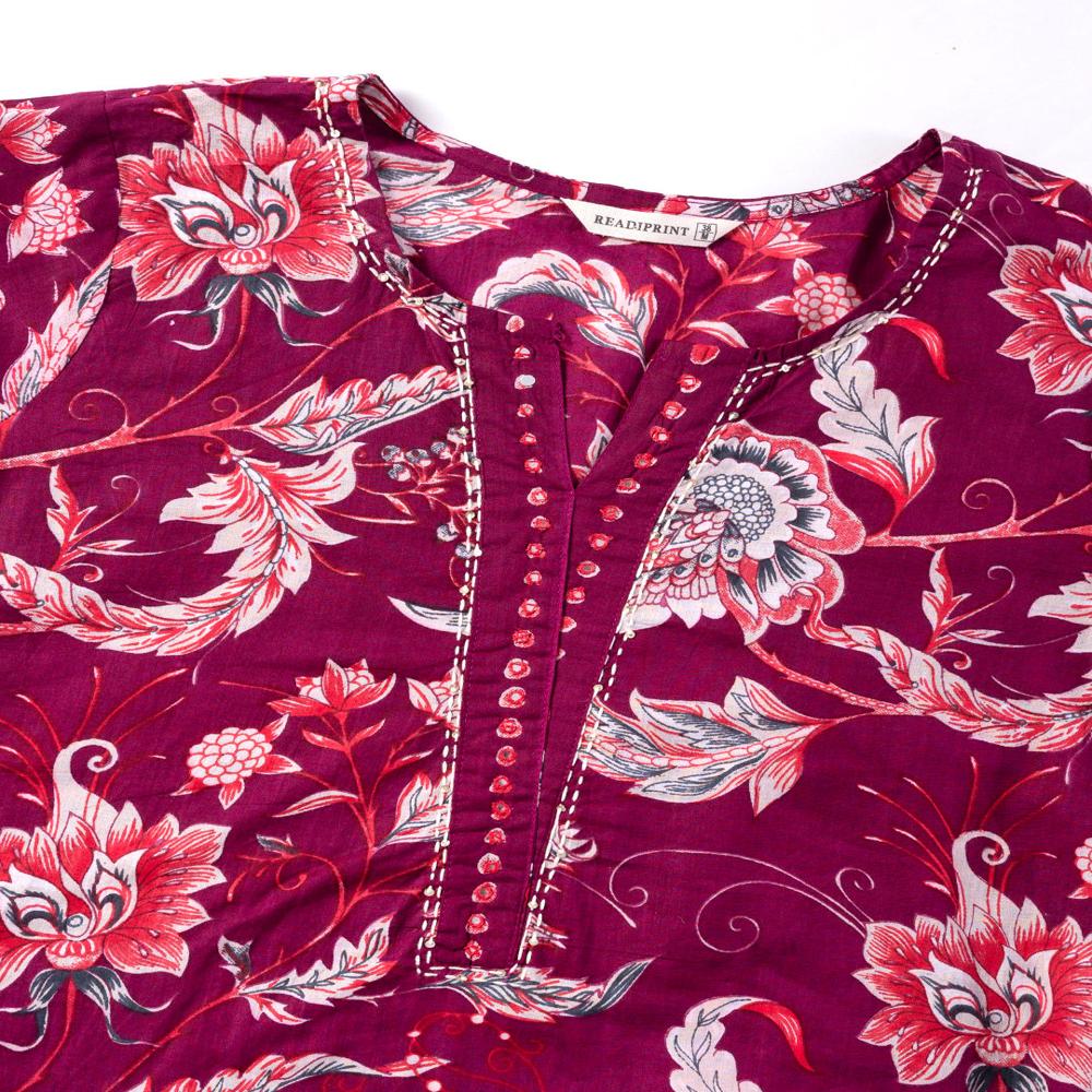 Straight Style Cotton Fabric Magenta Color Kurta And Bottom With Dupatta