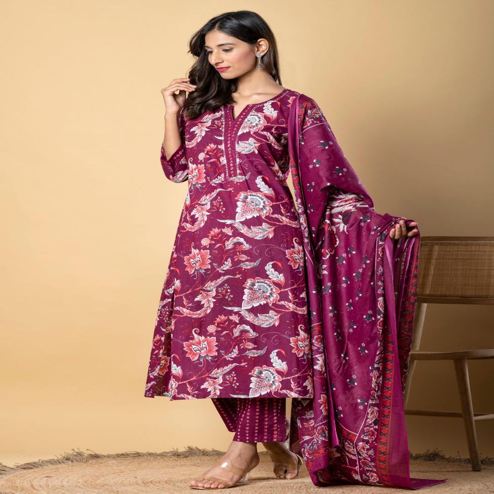 Straight Style Cotton Fabric Magenta Color Kurta And Bottom With Dupatta