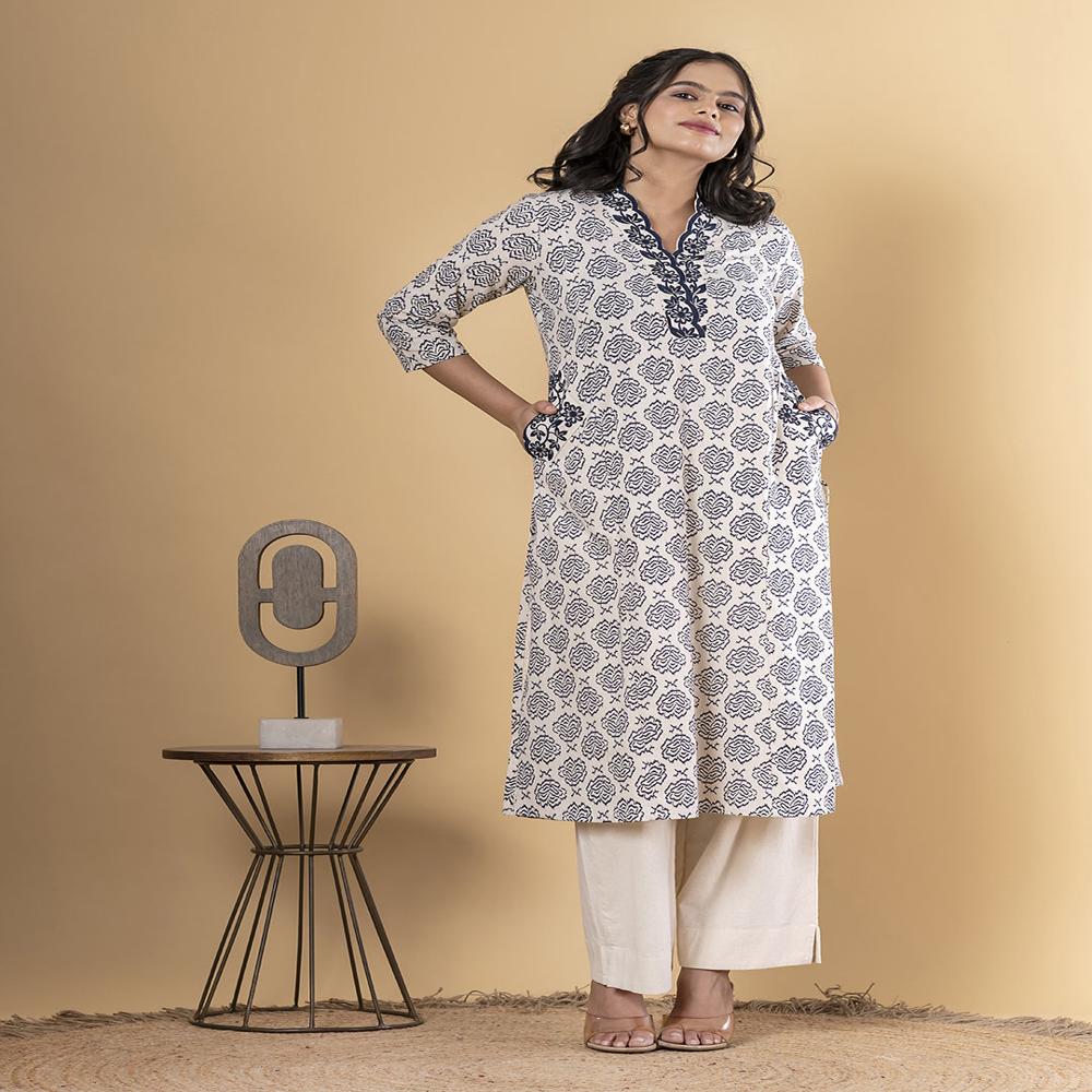 Straight Style Cotton Flex Fabric Blue Color Kurta And Bottom 