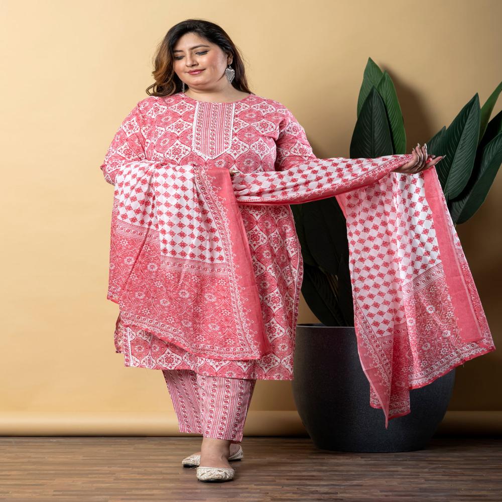 Straight Style Cotton Fabric Pink Color Kurta With Bottom And Dupatta