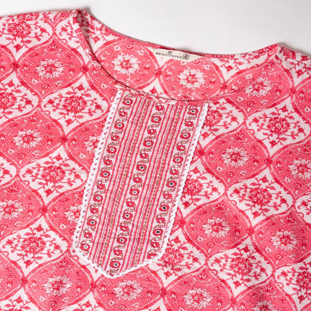 Straight Style Cotton Fabric Pink Color Kurta With Bottom And Dupatta