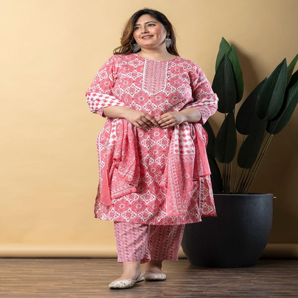 Straight Style Cotton Fabric Pink Color Kurta With Bottom And Dupatta