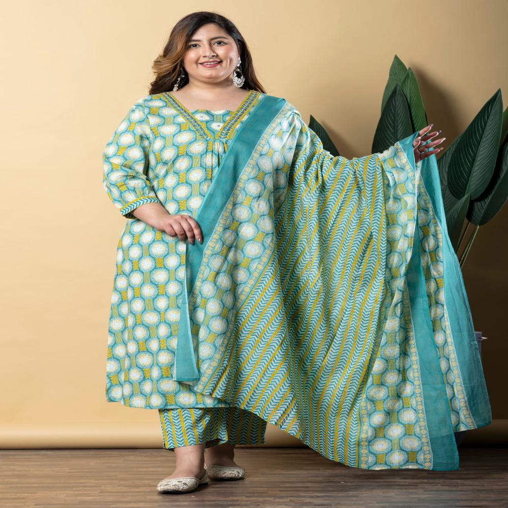 Straight Style Cotton Fabric Sea Green Color Kurta With Bottom And Dupatta