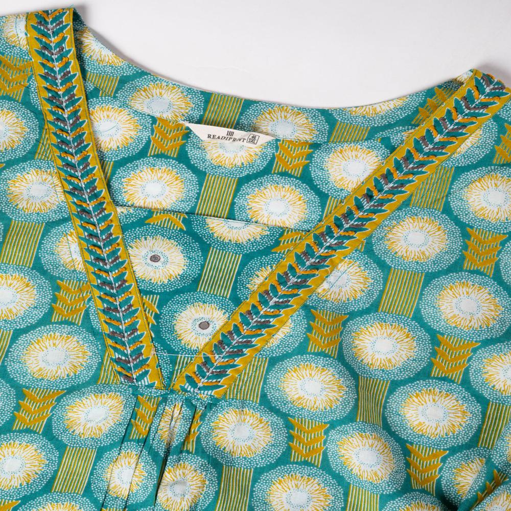 Straight Style Cotton Fabric Sea Green Color Kurta With Bottom And Dupatta