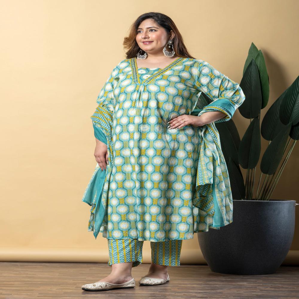 Straight Style Cotton Fabric Sea Green Color Kurta With Bottom And Dupatta