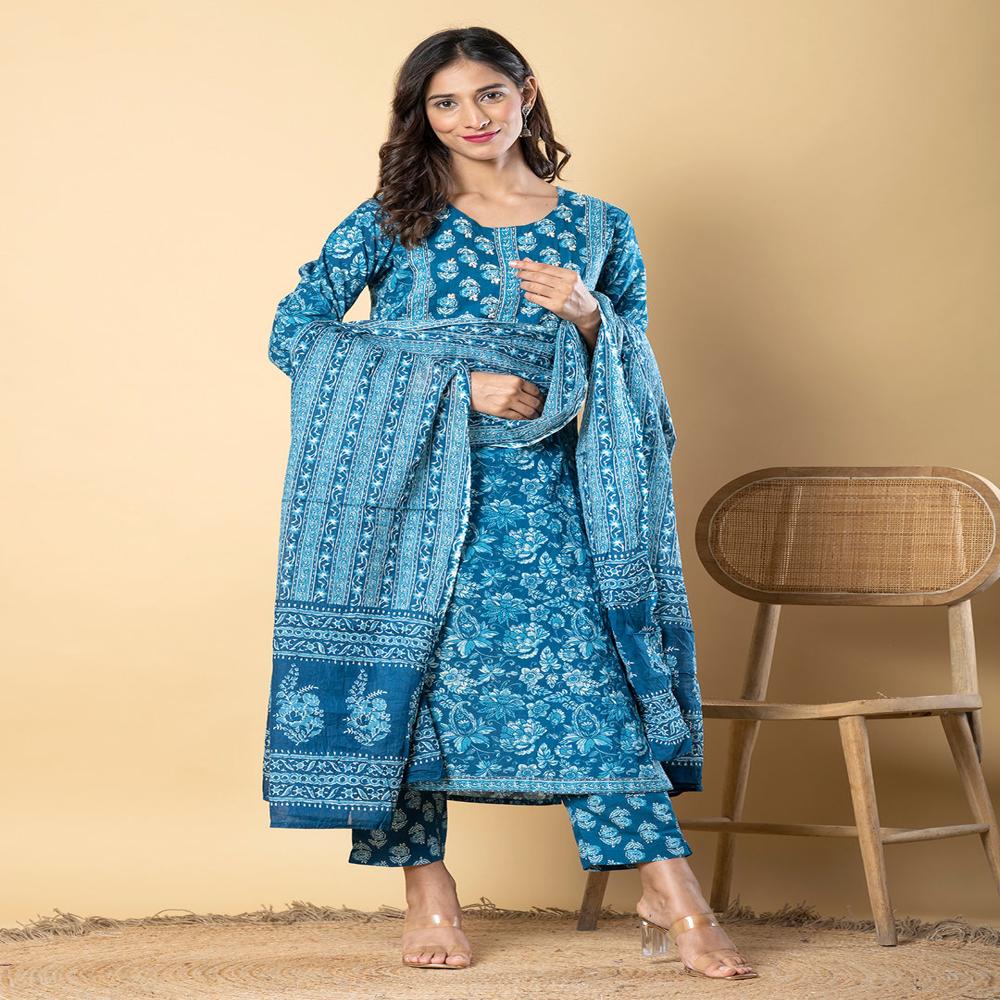 Straight Style Cotton Fabric Blue Color Kurta And Bottom With Dupatta