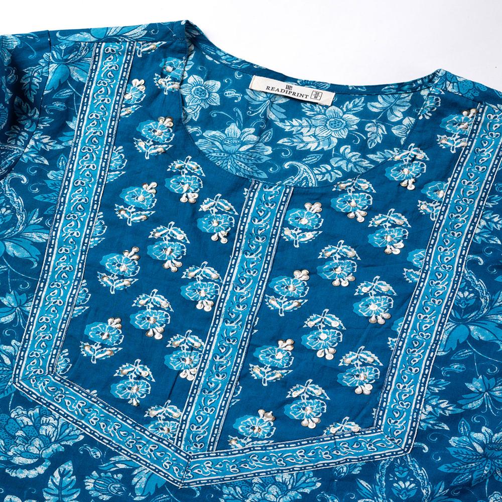 Straight Style Cotton Fabric Blue Color Kurta And Bottom With Dupatta