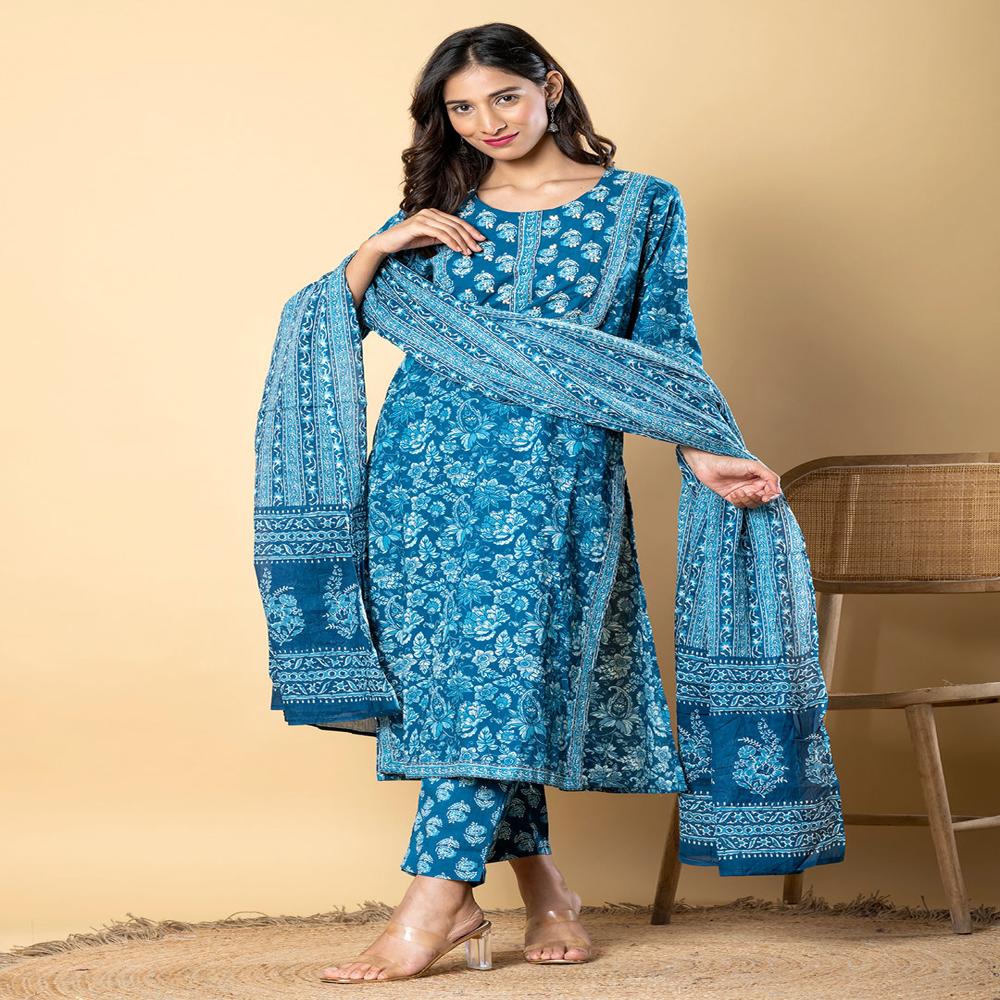 Straight Style Cotton Fabric Blue Color Kurta And Bottom With Dupatta