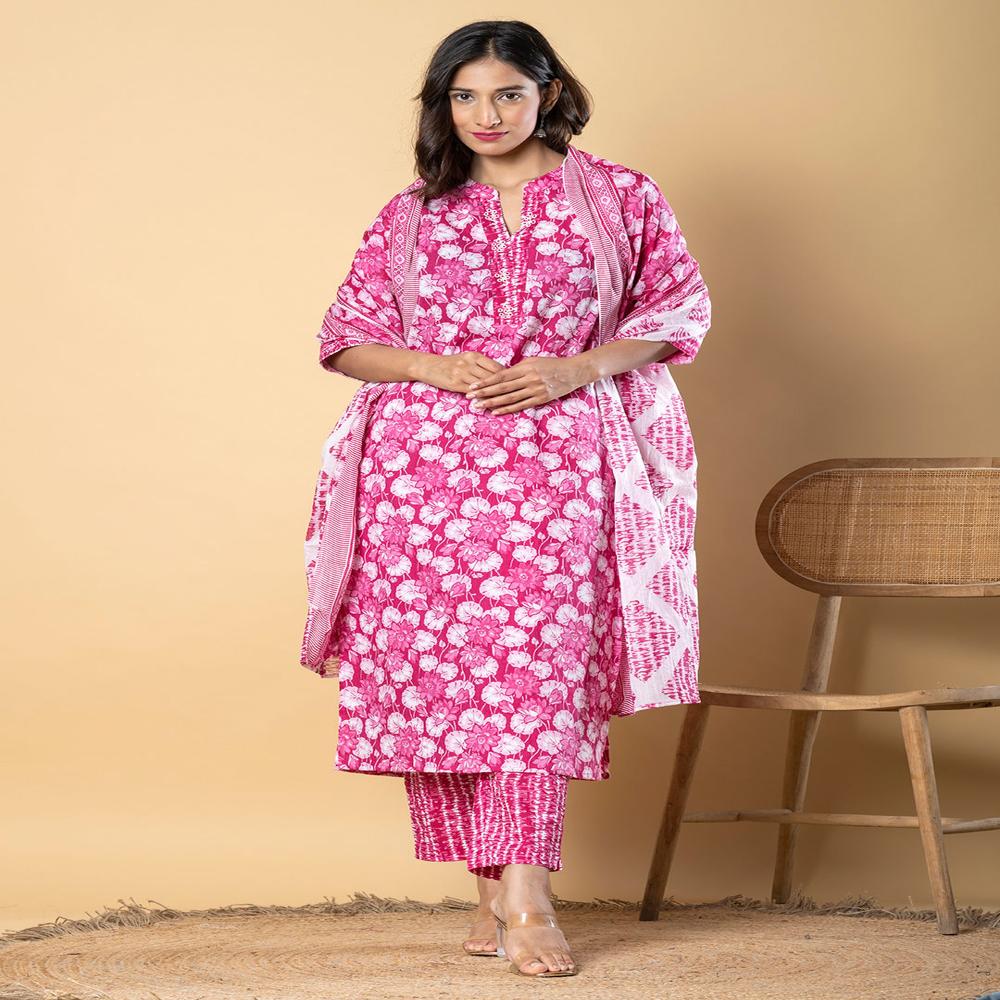 Straight Style Cotton Fabric Pink Color Kurta And Bottom With Dupatta
