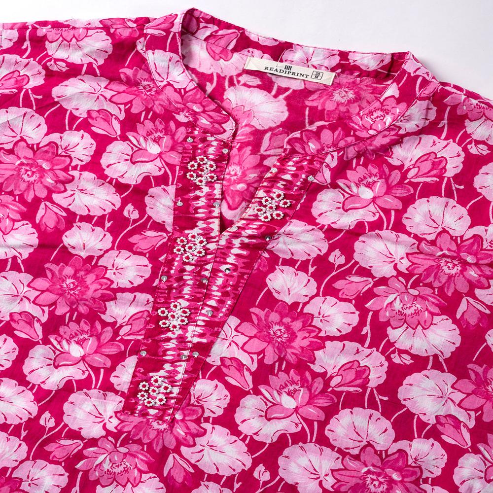 Straight Style Cotton Fabric Pink Color Kurta And Bottom With Dupatta