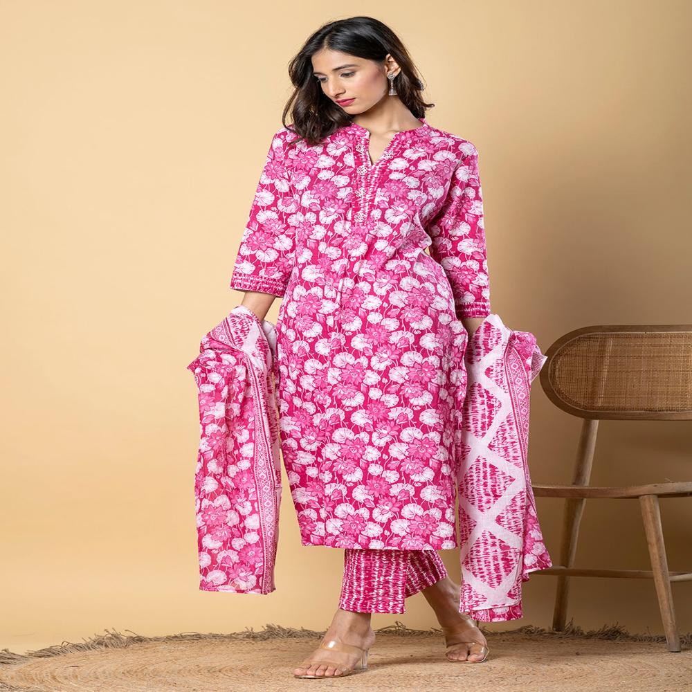 Straight Style Cotton Fabric Pink Color Kurta And Bottom With Dupatta
