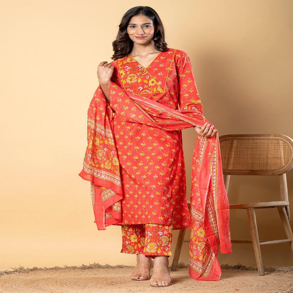 Straight Style Cotton Fabric Red Color Kurta And Bottom With Dupatta