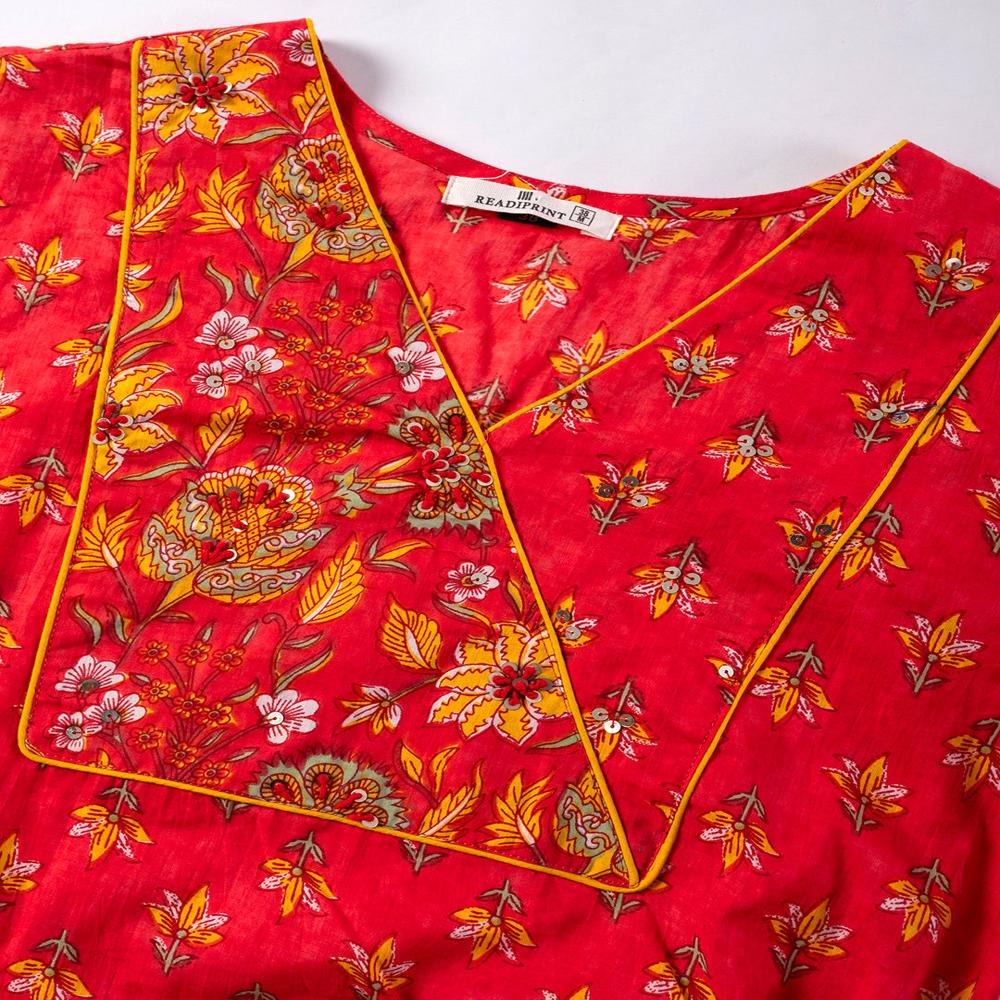 Straight Style Cotton Fabric Red Color Kurta And Bottom With Dupatta