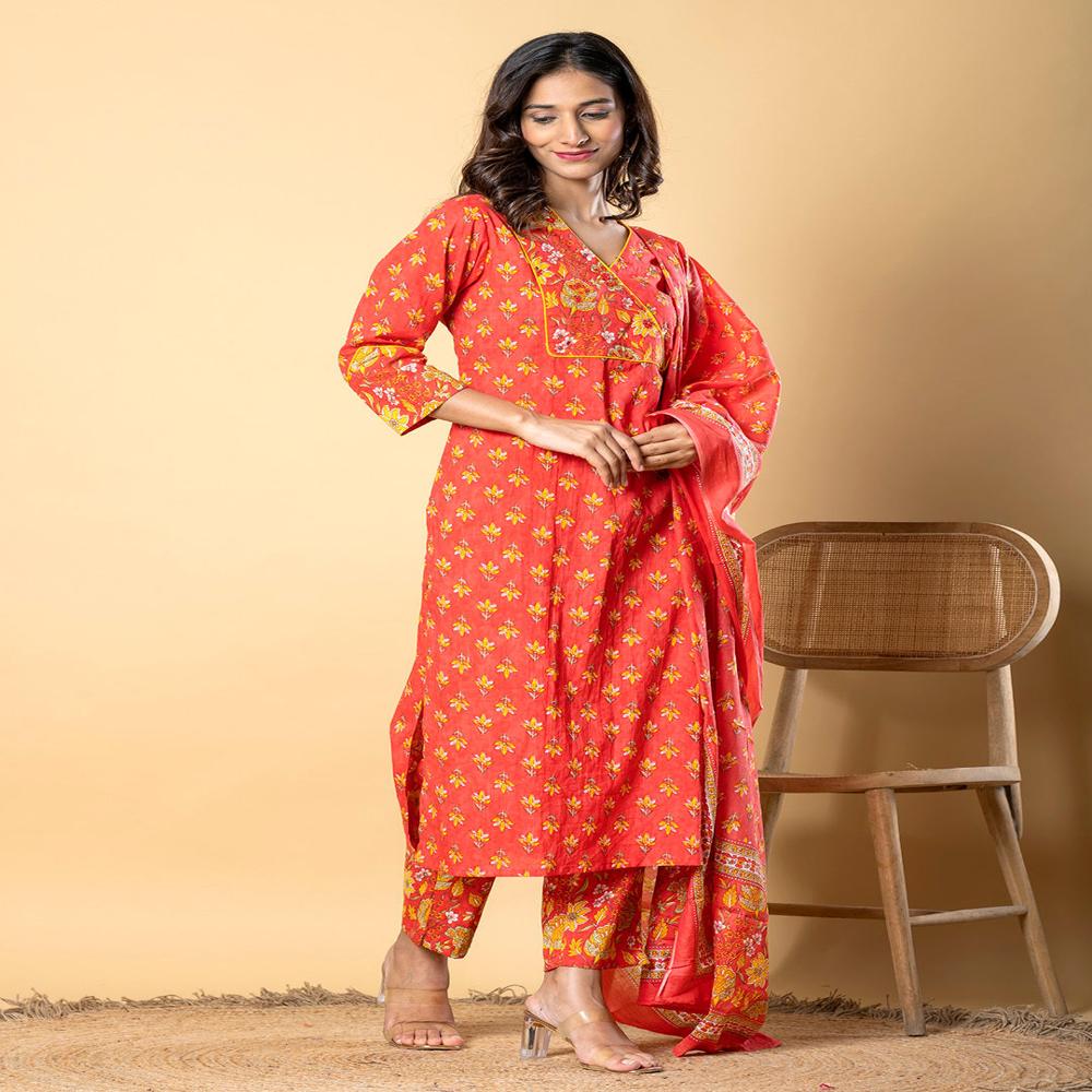 Straight Style Cotton Fabric Red Color Kurta And Bottom With Dupatta