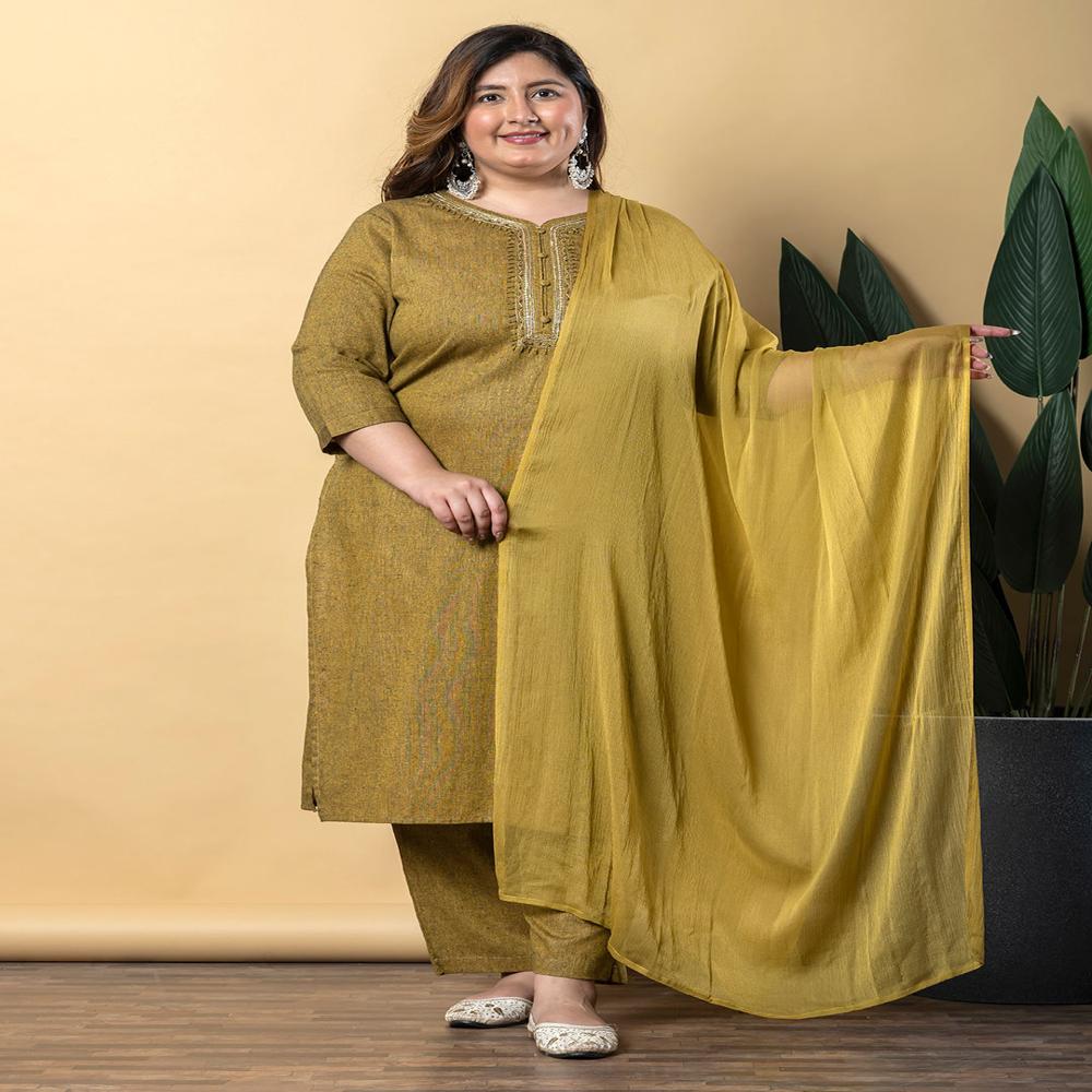 Straight Style Cotton Flex Fabric Mustard Color Kurta With Bottom And Dupatta