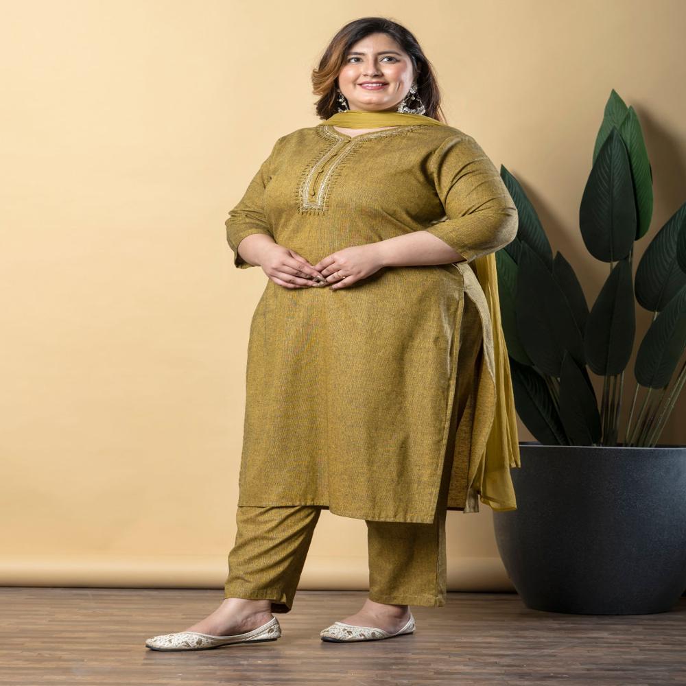 Straight Style Cotton Flex Fabric Mustard Color Kurta With Bottom And Dupatta