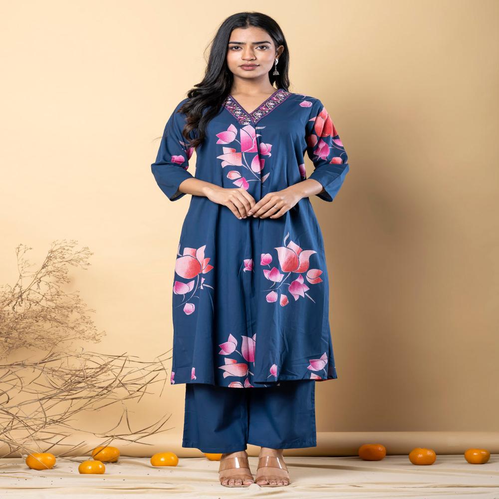 A Line Style Cotton Fabric Blue Color Kurta With Bottom