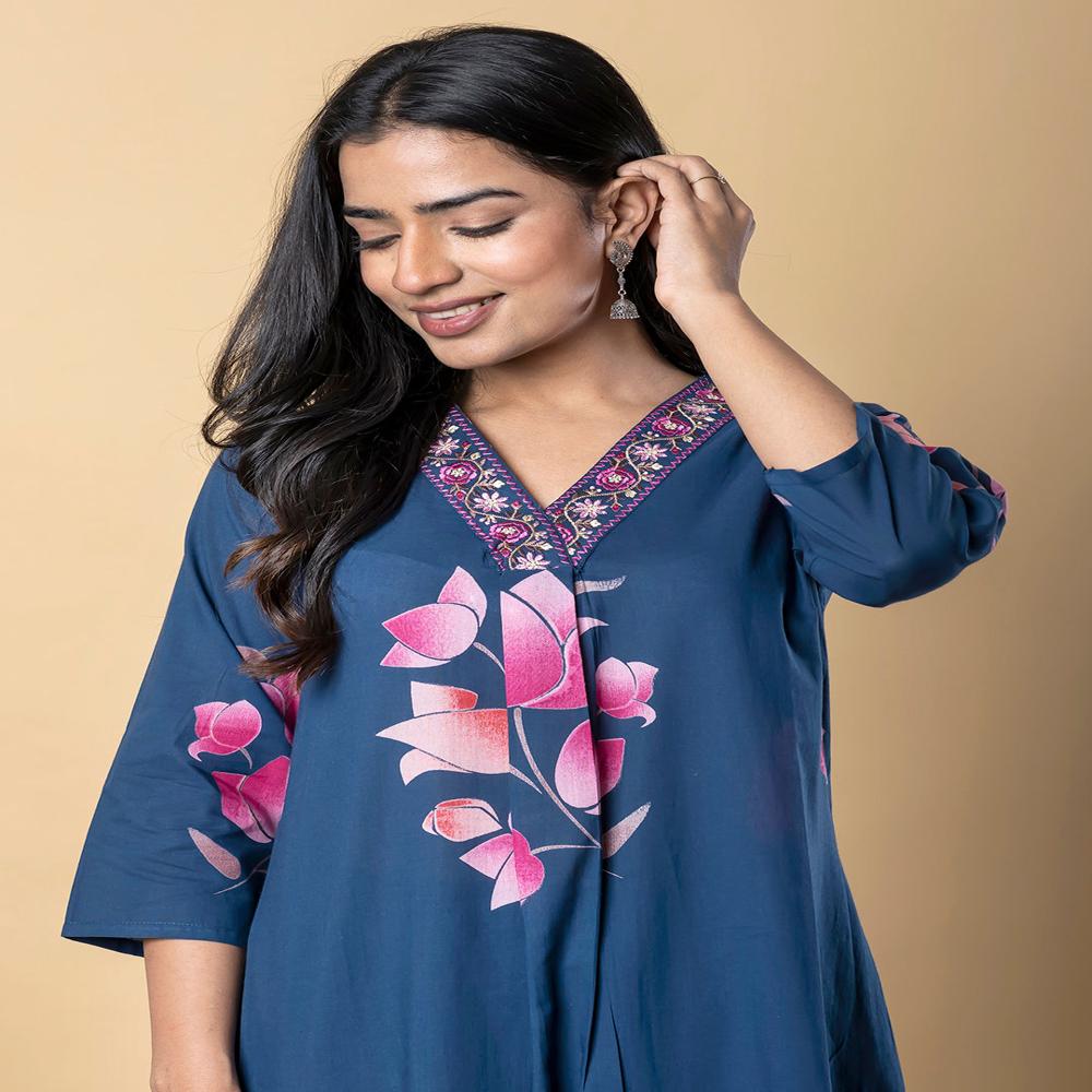 A Line Style Cotton Fabric Blue Color Kurta With Bottom