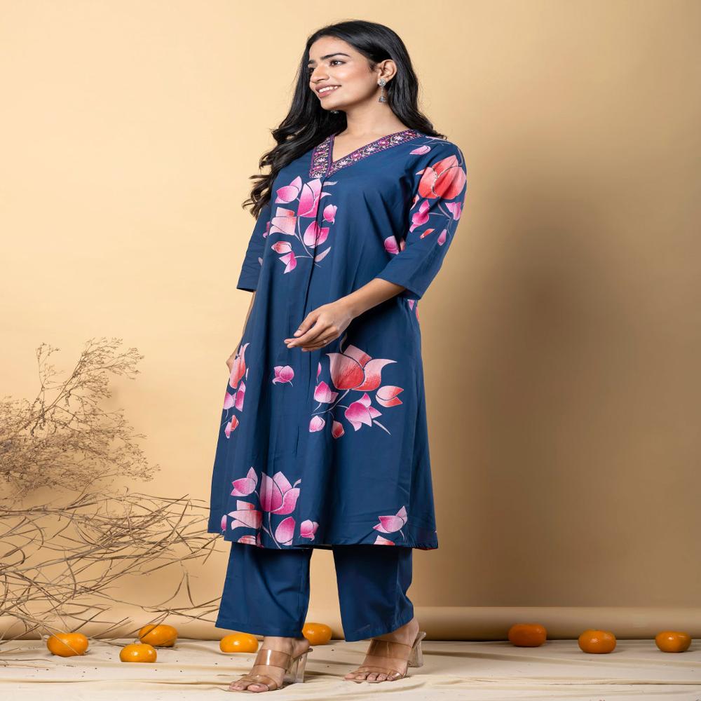 A Line Style Cotton Fabric Blue Color Kurta With Bottom
