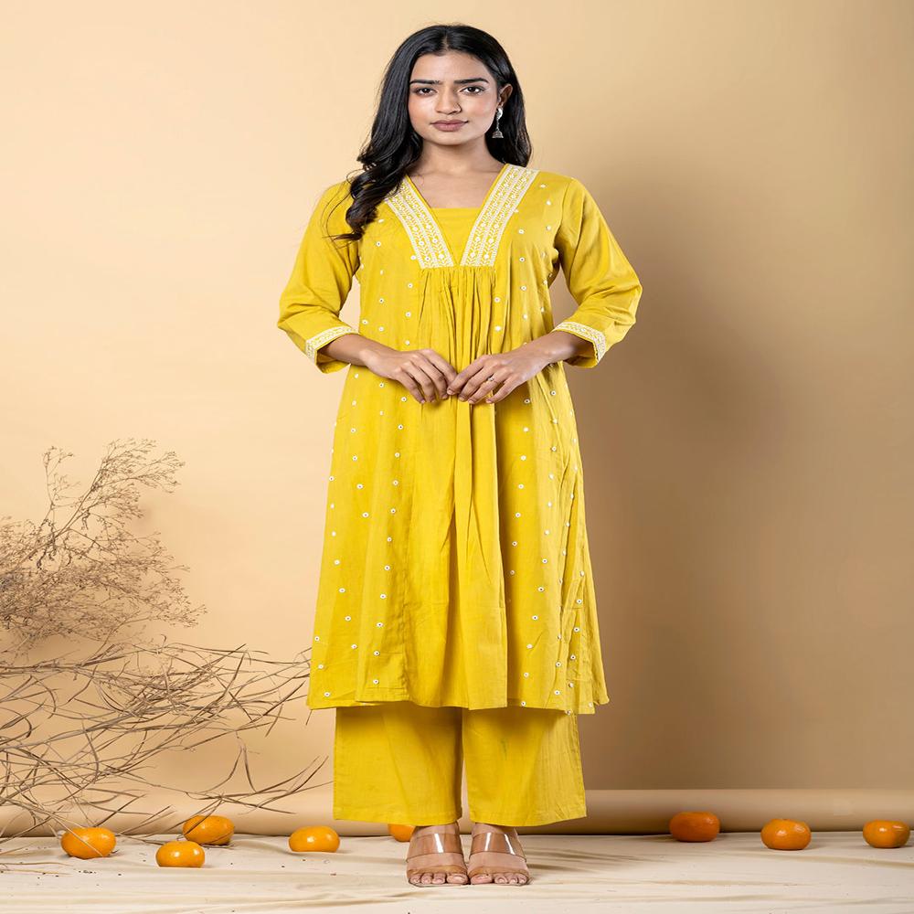 Anarkali Style Cotton Fabric Yellow Color Kurta And Bottom