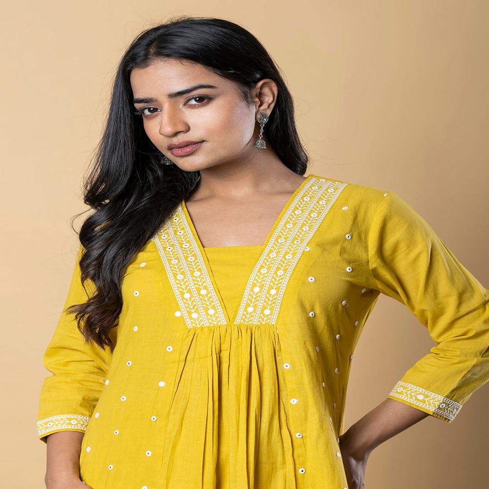 Anarkali Style Cotton Fabric Yellow Color Kurta And Bottom