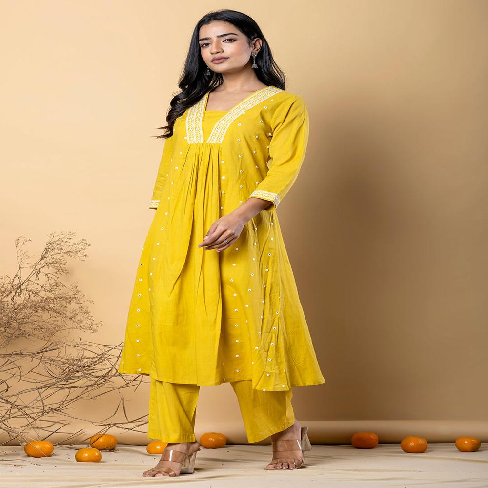 Anarkali Style Cotton Fabric Yellow Color Kurta And Bottom