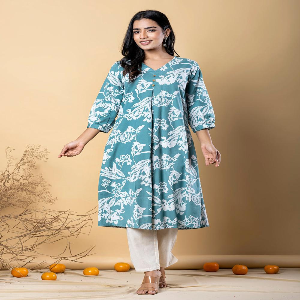 A Line Style Cotton Flex Fabric Sea Green Color Kurta With Bottom