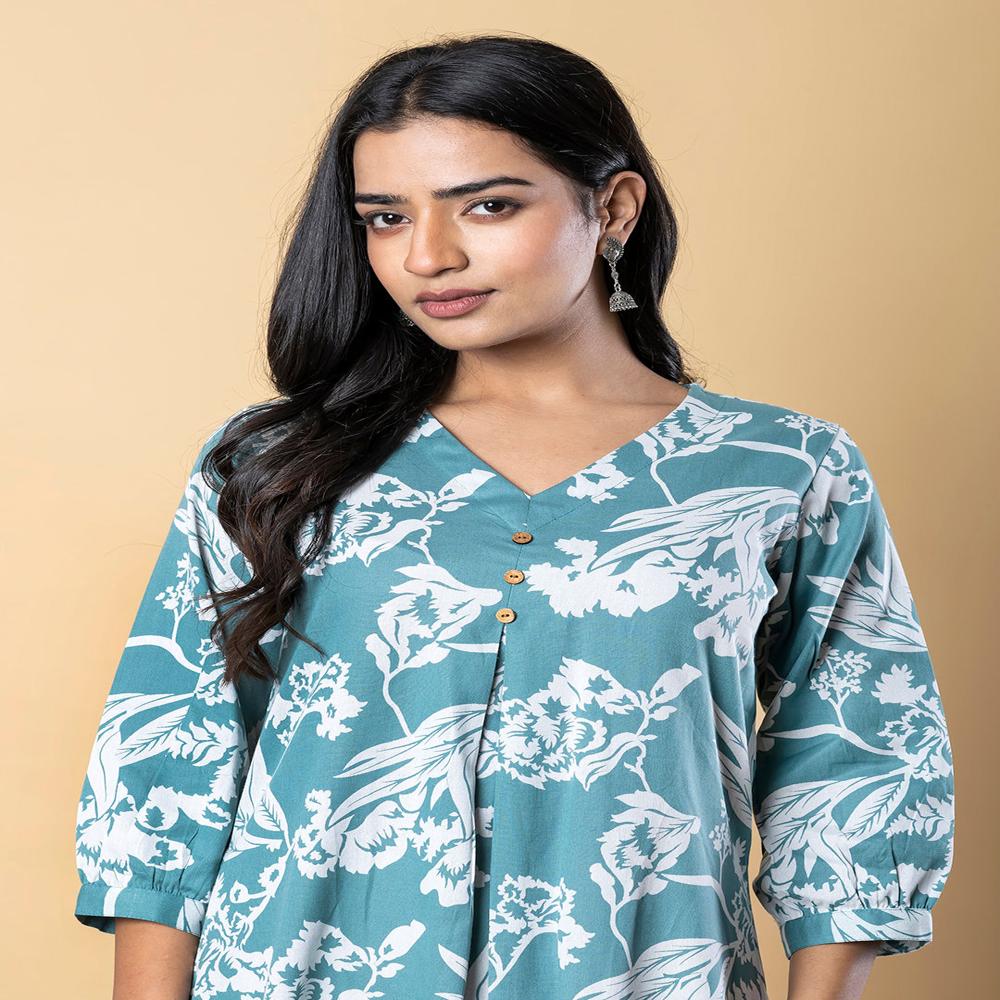 A Line Style Cotton Flex Fabric Sea Green Color Kurta With Bottom
