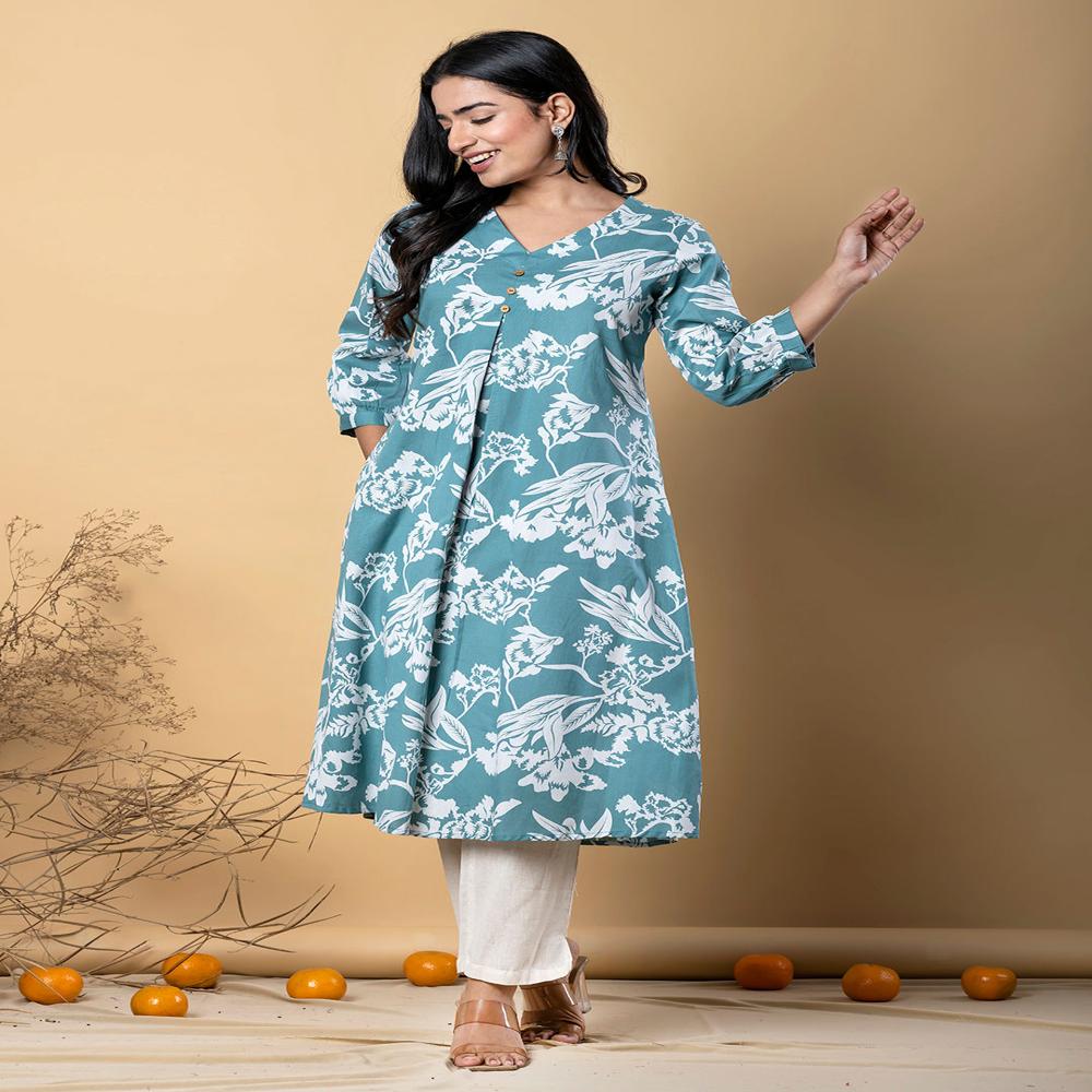 A Line Style Cotton Flex Fabric Sea Green Color Kurta With Bottom