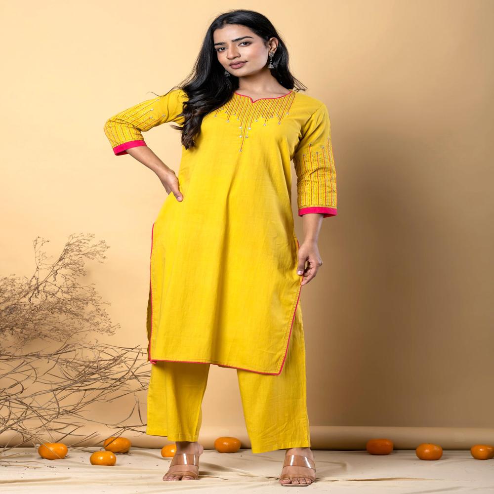 Straight Style Cotton Blend Fabric Yellow Color Kurta With Bottom