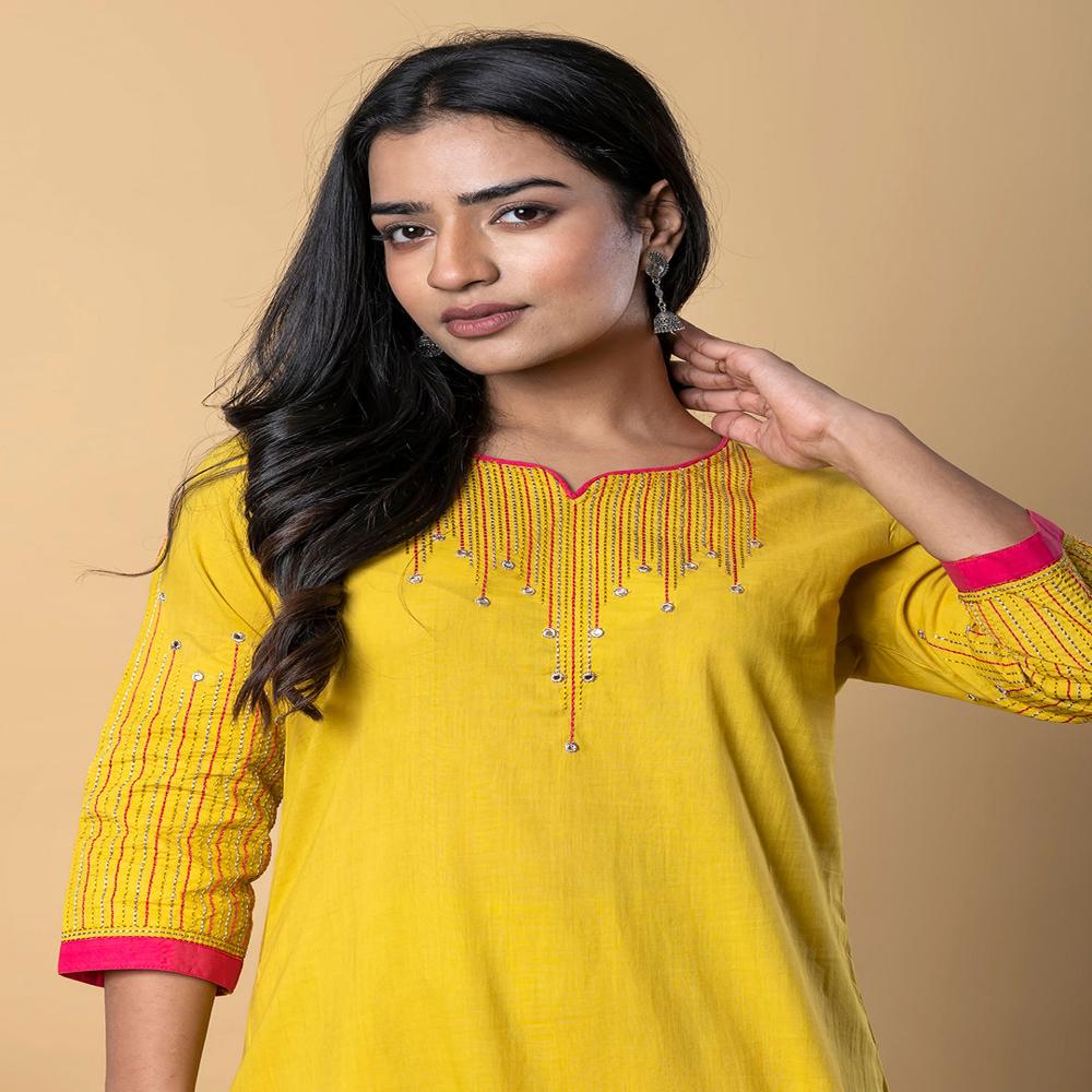 Straight Style Cotton Blend Fabric Yellow Color Kurta With Bottom