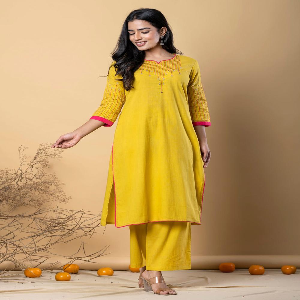Straight Style Cotton Blend Fabric Yellow Color Kurta With Bottom
