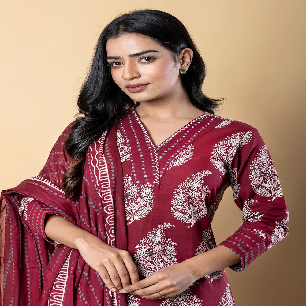 Straight Style Cotton Fabric Maroon Color Kurta And Bottom With Dupatta