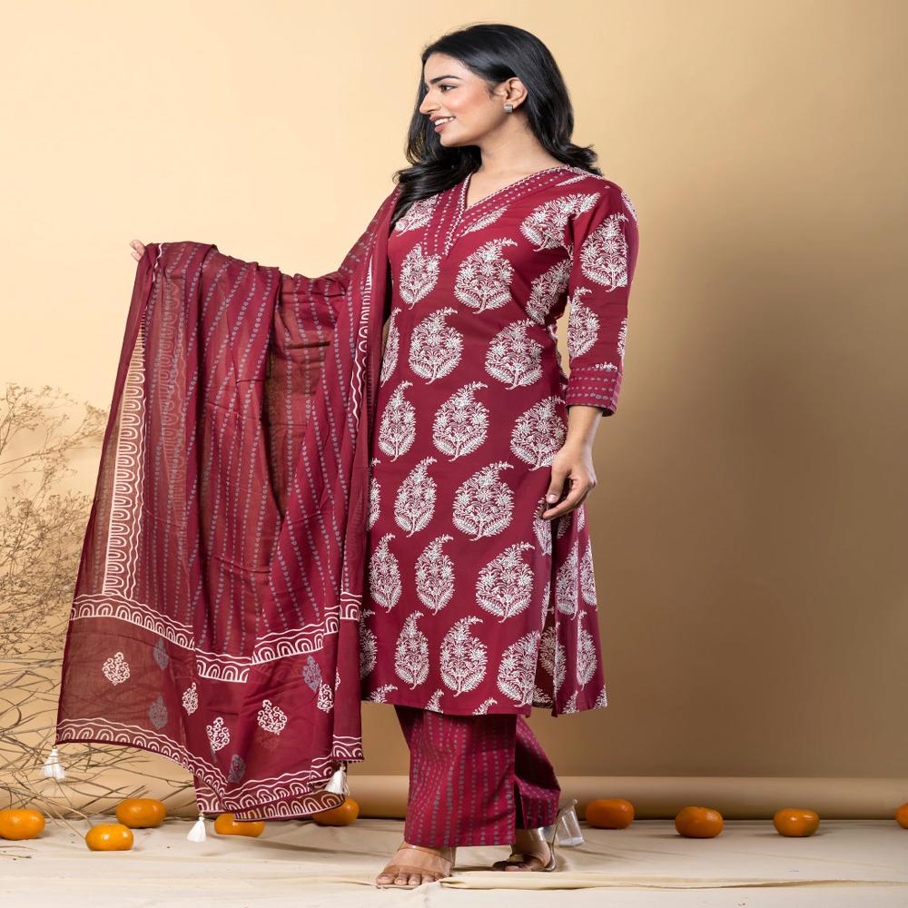 Straight Style Cotton Fabric Maroon Color Kurta And Bottom With Dupatta