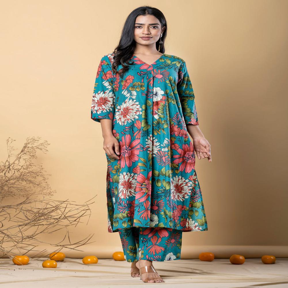 A Line Style Cotton Fabric Teal Color Kurta And Bottom