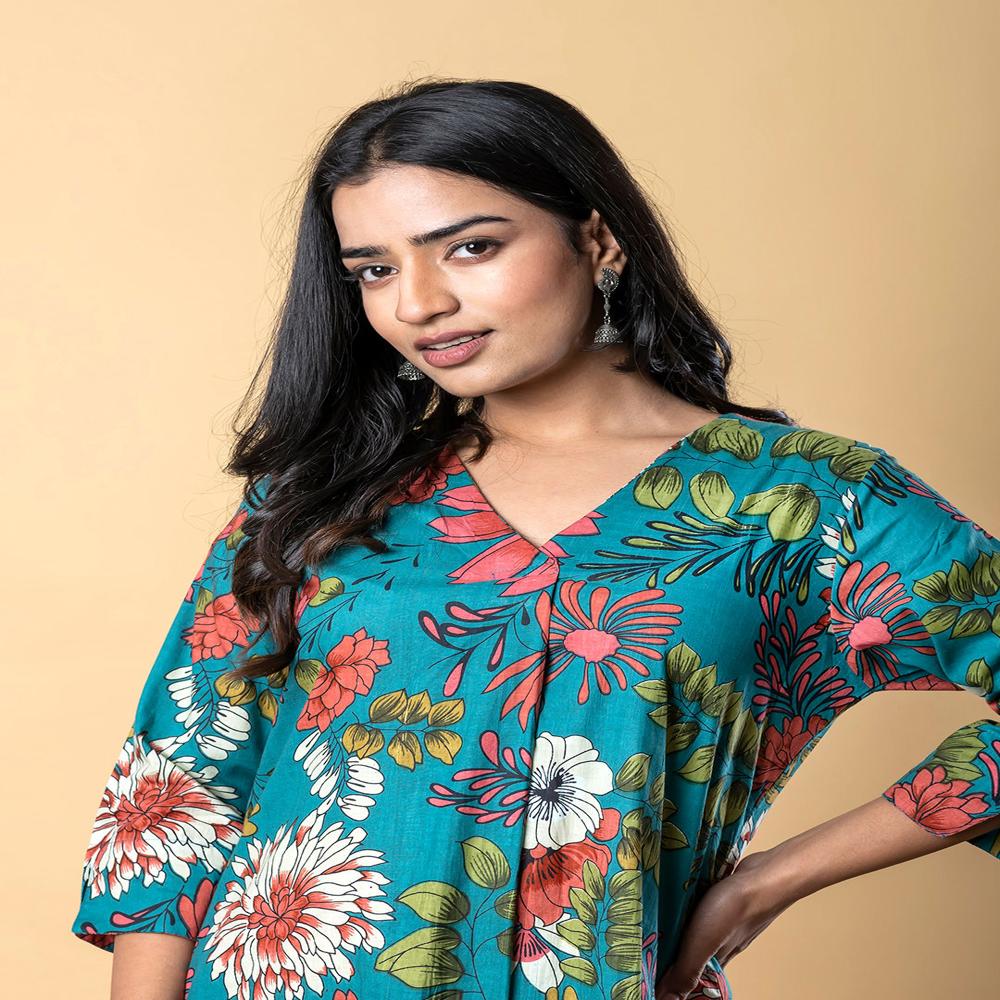 A Line Style Cotton Fabric Teal Color Kurta And Bottom