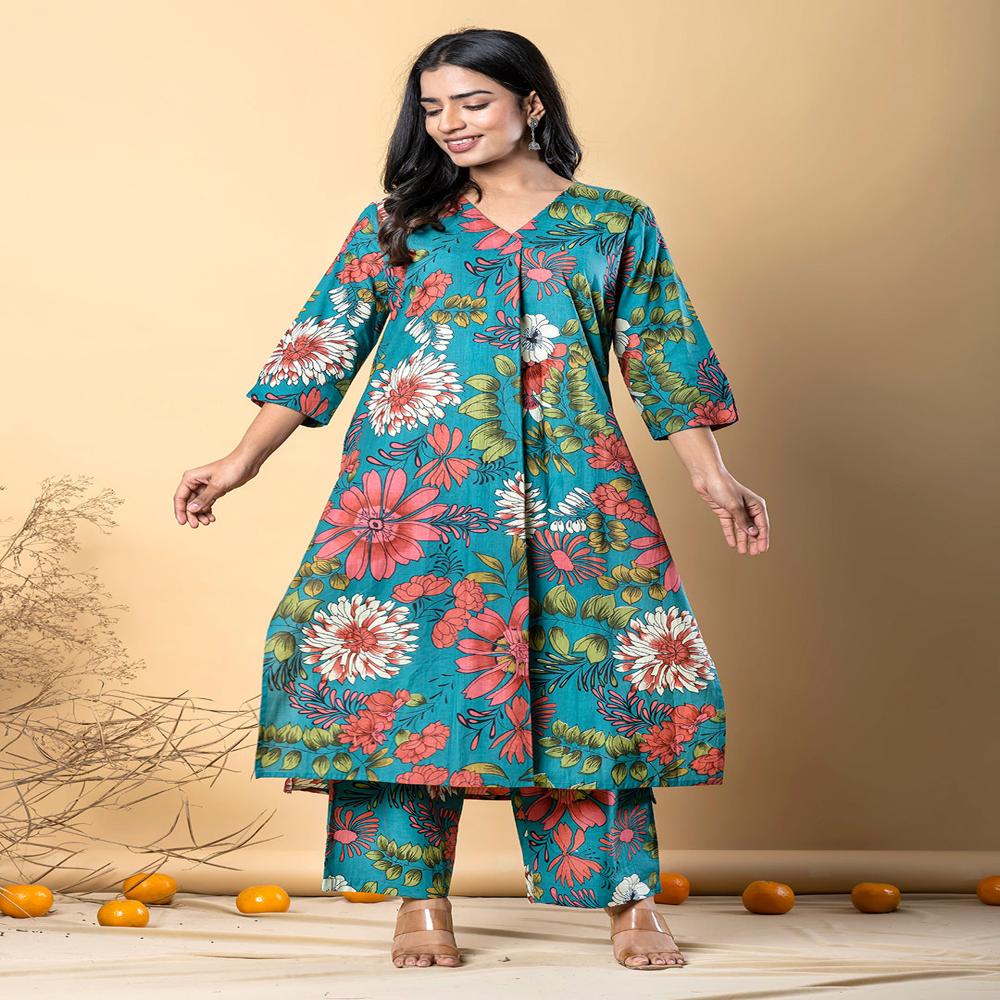 A Line Style Cotton Fabric Teal Color Kurta And Bottom