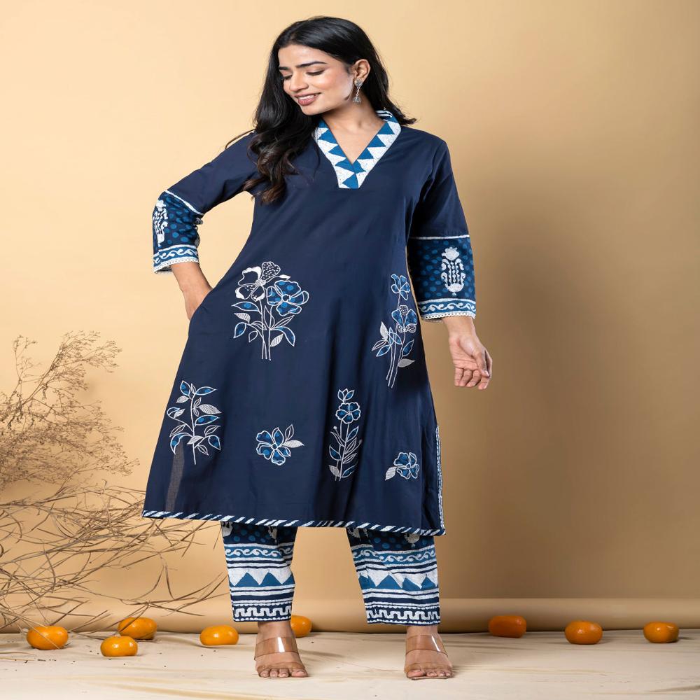 A Line Style Cotton Fabric Blue Color Kurta With Bottom
