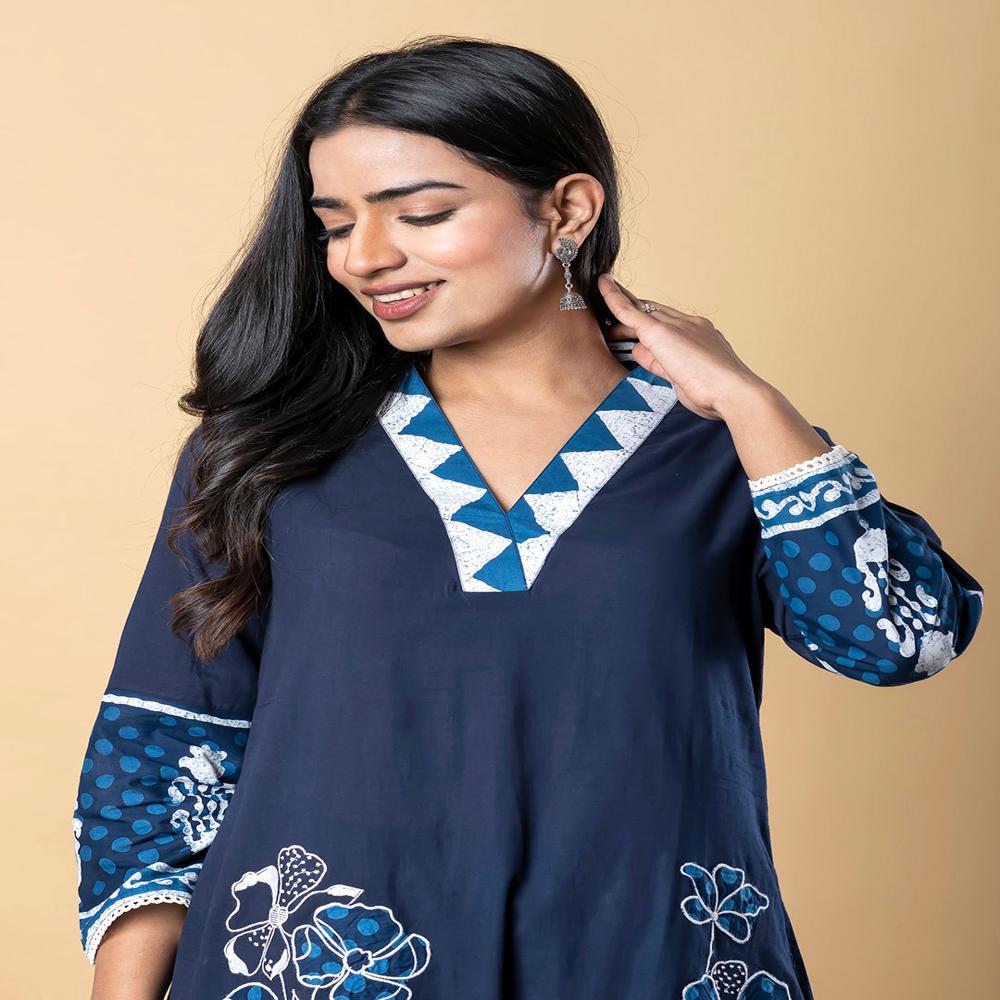 A Line Style Cotton Fabric Blue Color Kurta With Bottom
