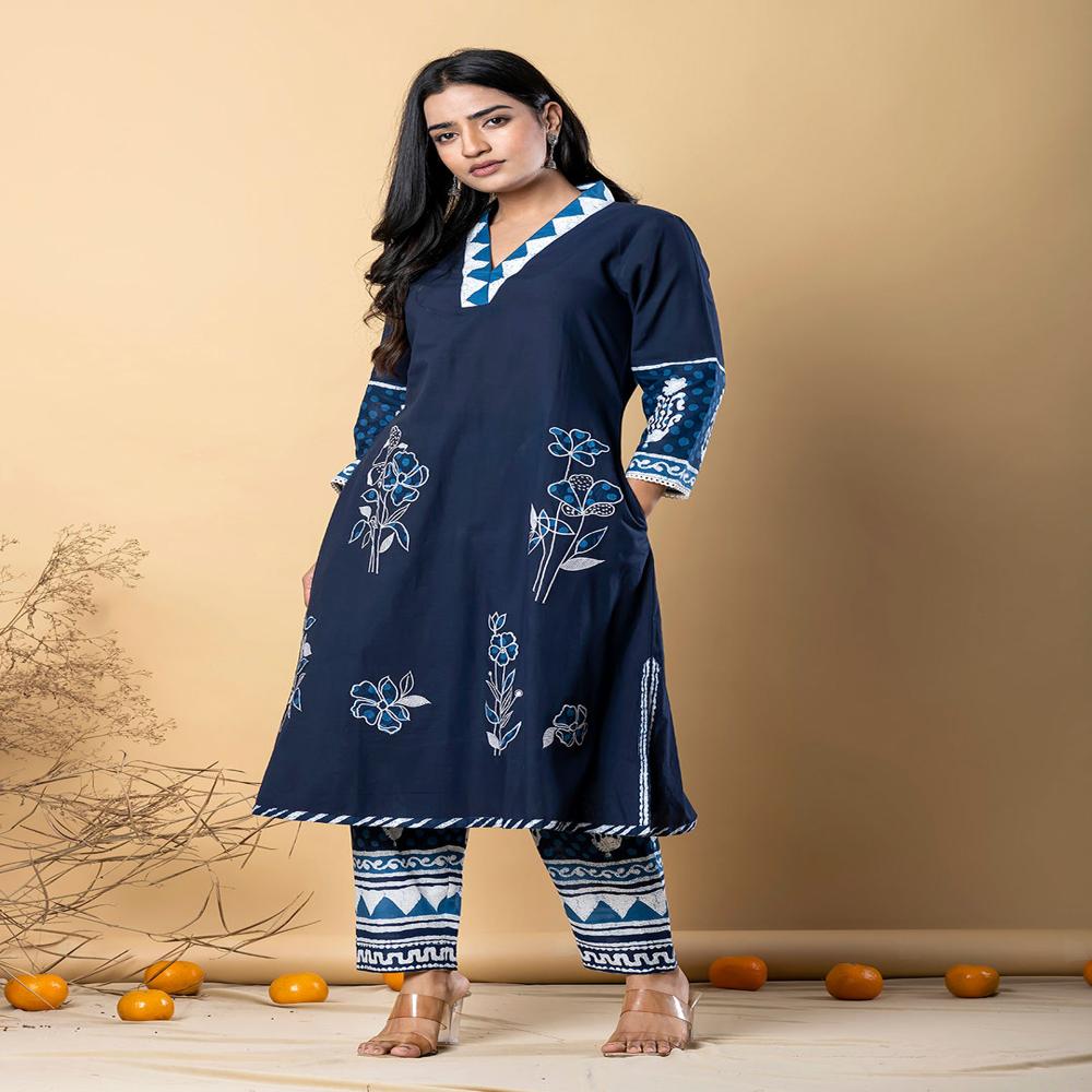 A Line Style Cotton Fabric Blue Color Kurta With Bottom