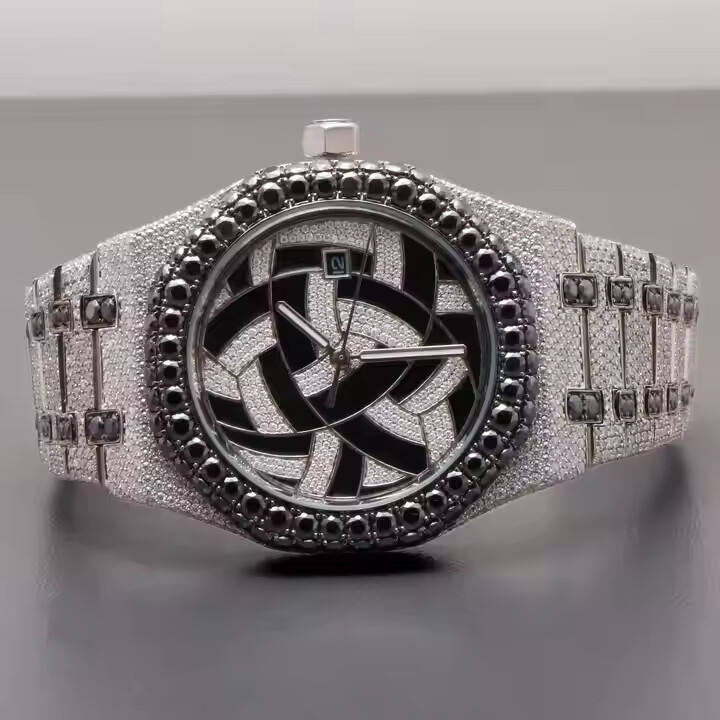 Custom Made Analog Glass Dial Display Watch Black White Moissanite Handcrafted Party Wear Stainless Steel Silver Quartz Fashion